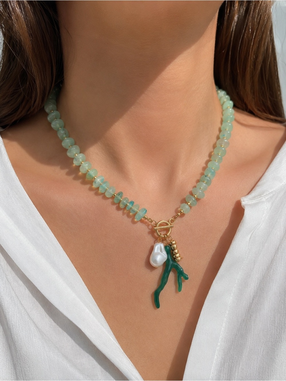 Green Beaded Toggle Necklace with Pearl & Coral Charm
